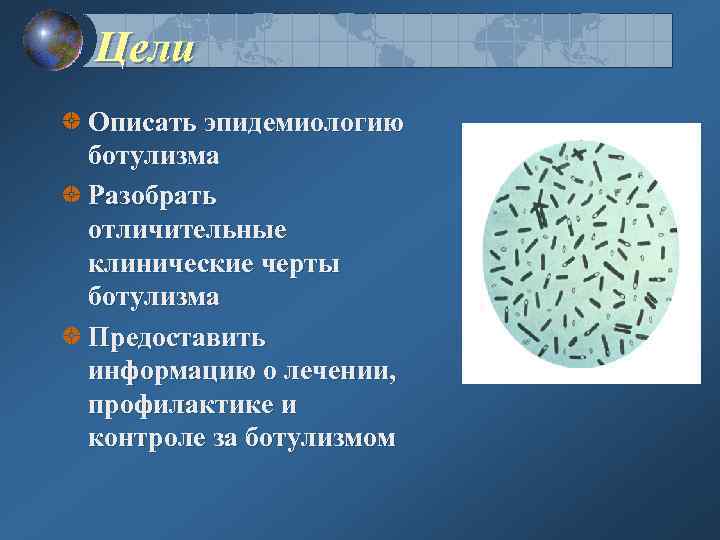 Цели Описать эпидемиологию ботулизма Разобрать отличительные клинические черты ботулизма Предоставить информацию о лечении, профилактике