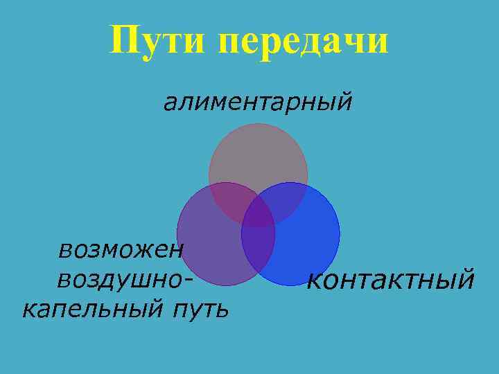 Пути передачи алиментарный возможен воздушнокапельный путь контактный 