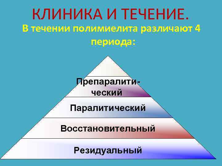 КЛИНИКА И ТЕЧЕНИЕ. В течении полимиелита различают 4 периода: Препаралитический Паралитический Восстановительный Резидуальный 