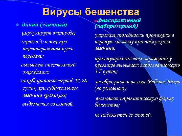 Вирусы бешенства l дикий (уличный) циркулирует в природе; заразен для всех при парентеральном пути