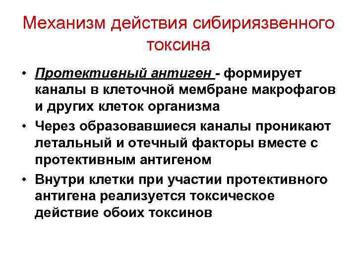 Механизм действия сибириязвенного токсина • Протективный антиген - формирует каналы в клеточной мембране макрофагов