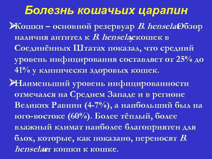 Болезнь кошачьих царапин Ø Кошки – основной резервуар B. henselae. Обзор наличия антител к