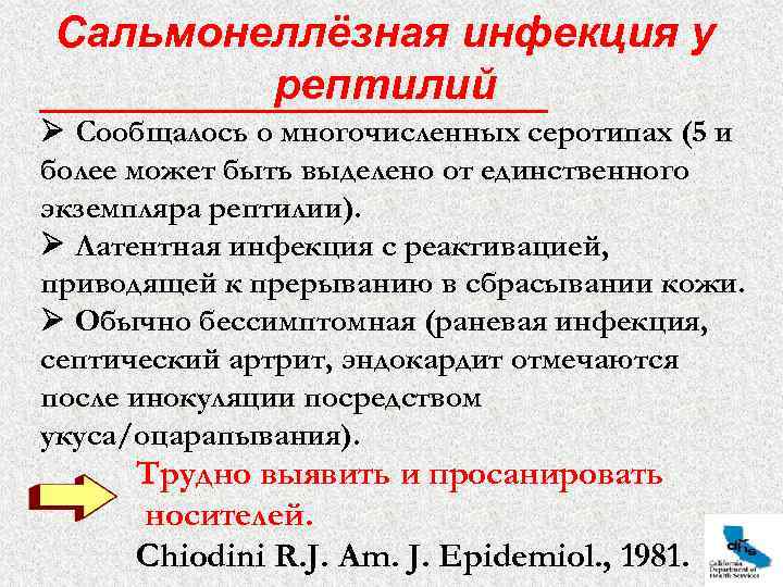 Сальмонеллёзная инфекция у рептилий Ø Сообщалось о многочисленных серотипах (5 и более может быть