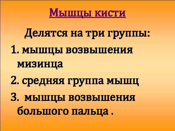 Мышцы кисти Делятся на три группы: 1. мышцы возвышения мизинца 2. средняя группа мышц