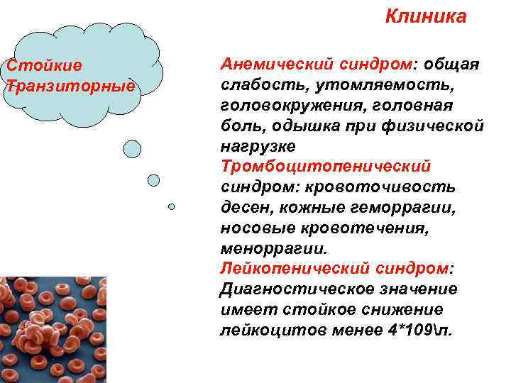 Клиника Стойкие Транзиторные Анемический синдром: общая слабость, утомляемость, головокружения, головная боль, одышка при физической