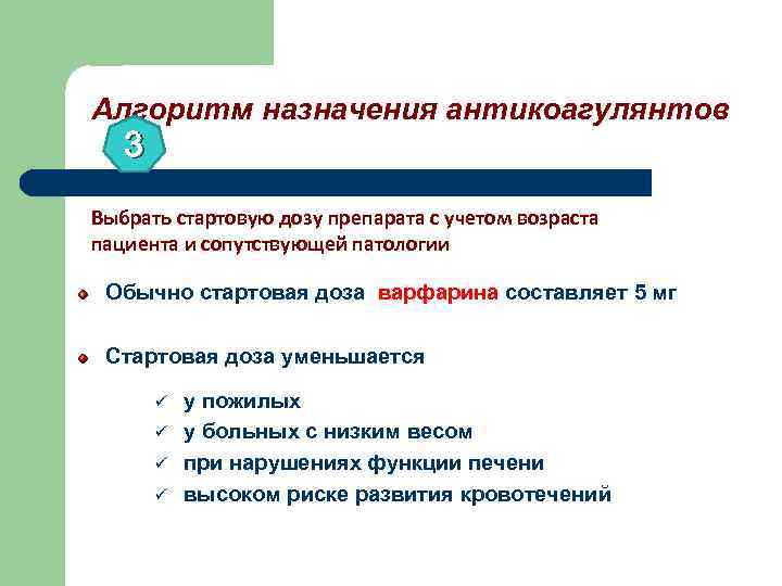 Алгоритм назначения антикоагулянтов 3 Выбрать стартовую дозу препарата с учетом возраста пациента и сопутствующей