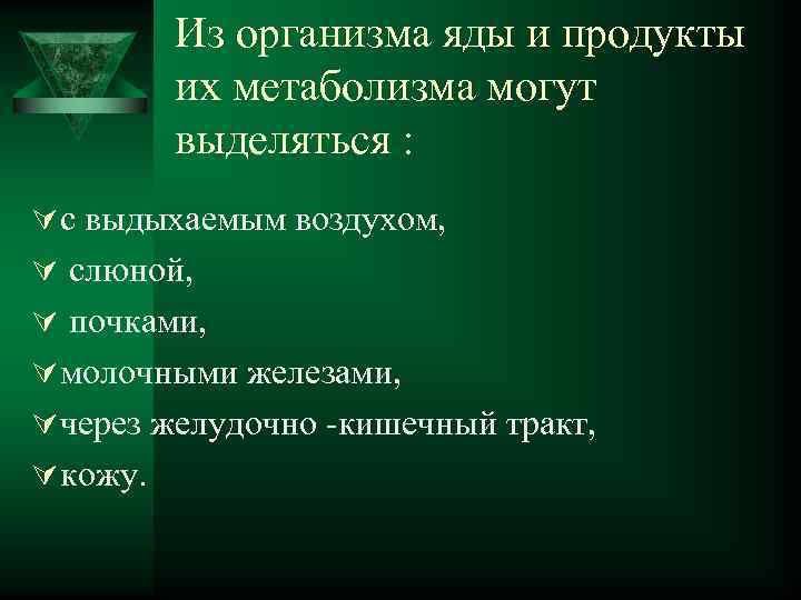 Из организма яды и продукты их метаболизма могут выделяться : Ú с выдыхаемым воздухом,