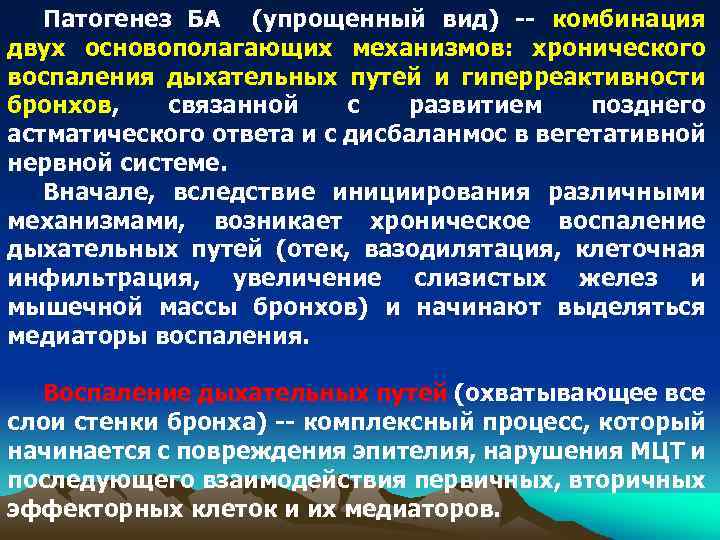 Патогенез БА (упрощенный вид) -- комбинация двух основополагающих механизмов: хронического воспаления дыхательных путей и