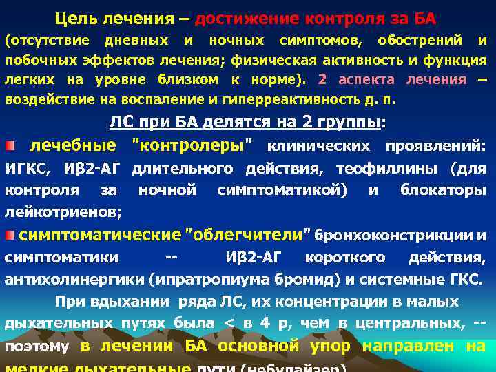 Цель лечения – достижение контроля за БА (отсутствие дневных и ночных симптомов, обострений и