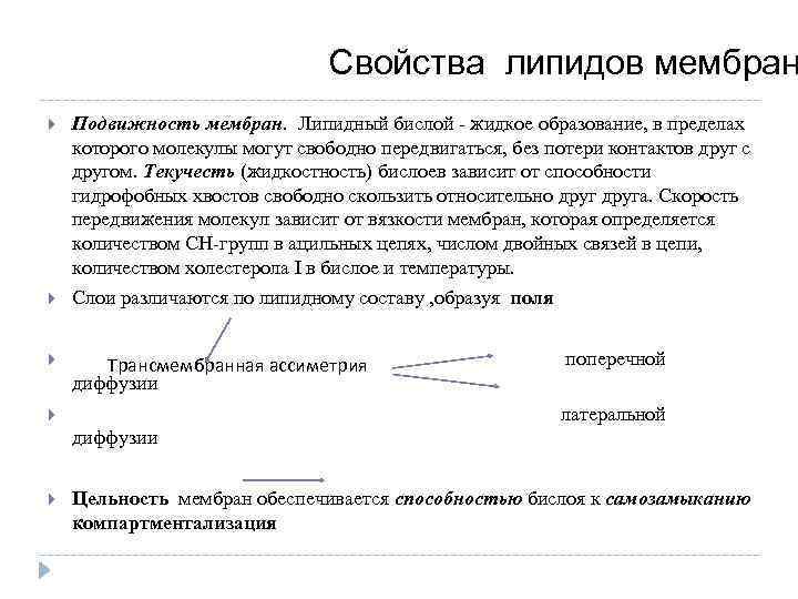 Свойства липидов мембран Подвижность мембран. Липидный бислой жидкое образование, в пределах которого молекулы могут