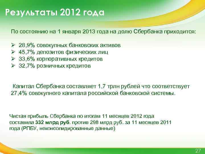 Результаты 2012 года По состоянию на 1 января 2013 года на долю Сбербанка приходится: