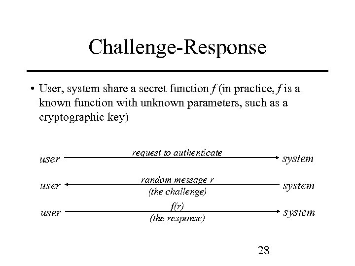 Challenge-Response • User, system share a secret function f (in practice, f is a
