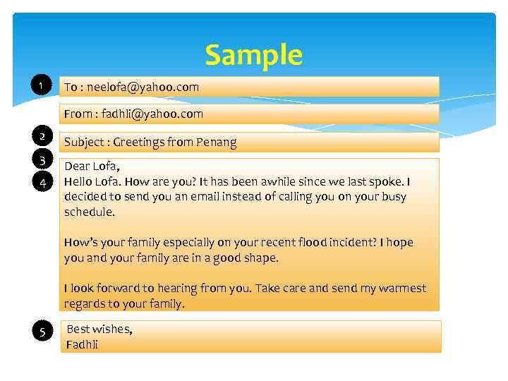 Sample 1 To : neelofa@yahoo. com From : fadhli@yahoo. com 2 3 4 Subject