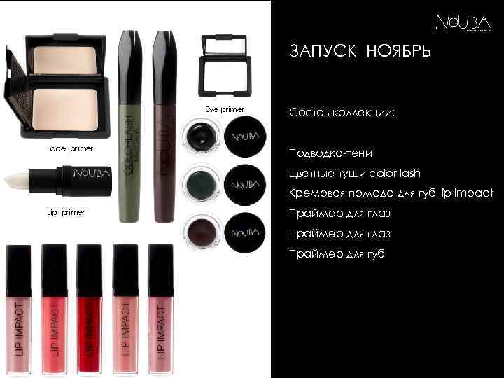 ЗАПУСК НОЯБРЬ Eye primer Face primer Состав коллекции: Подводка-тени Цветные туши color lash Кремовая