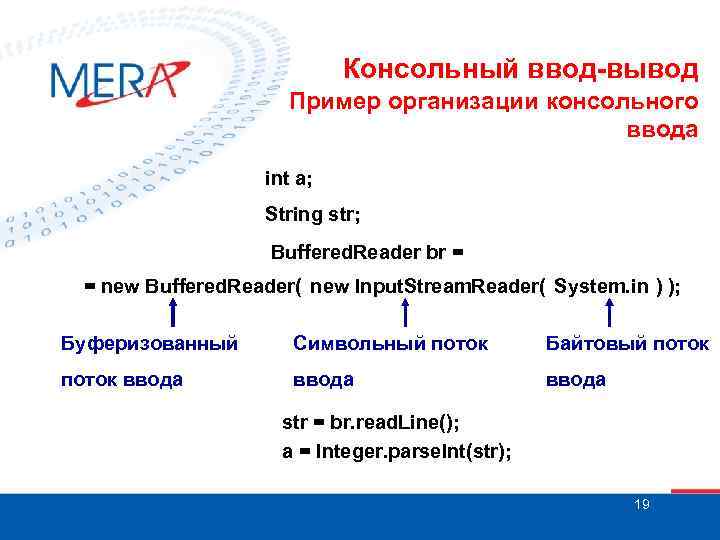 Консольный ввод-вывод Пример организации консольного ввода int a; String str; Buffered. Reader br =