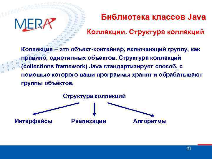 Библиотека классов Java Коллекции. Структура коллекций Коллекция – это объект-контейнер, включающий группу, как правило,