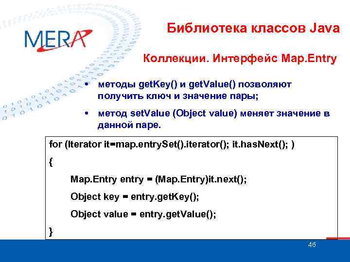 Библиотека классов Java Коллекции. Интерфейс Map. Entry • методы get. Key() и get. Value()