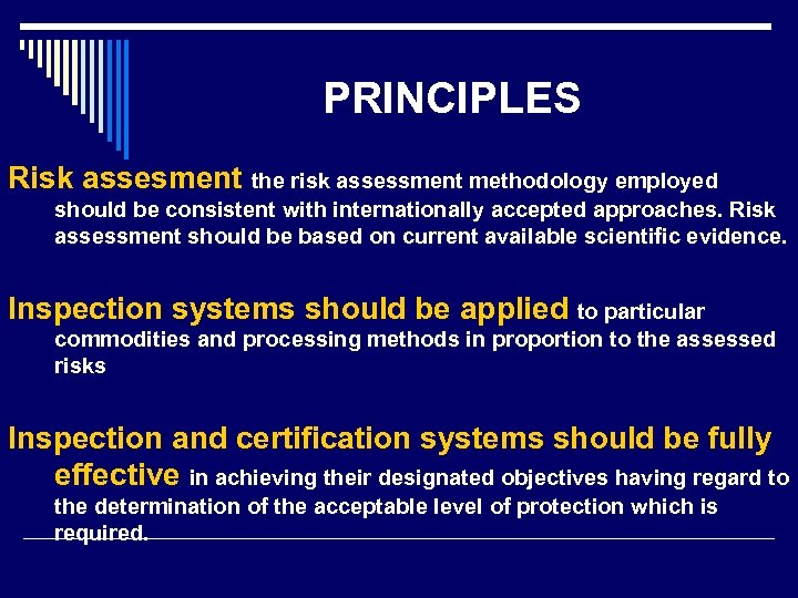 PRINCIPLES Risk assesment the risk assessment methodology employed should be consistent with internationally accepted