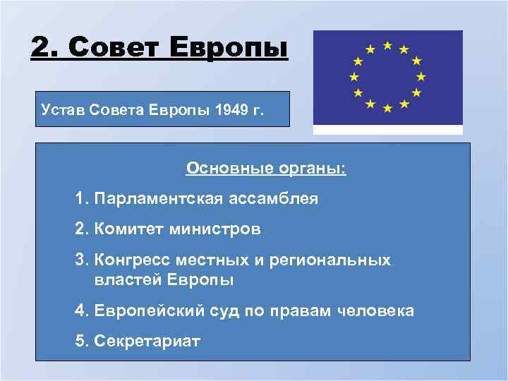 2. Совет Европы Устав Совета Европы 1949 г. Основные органы: 1. Парламентская ассамблея 2.