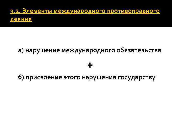 3. 2. Элементы международного противоправного деяния а) нарушение международного обязательства + б) присвоение этого