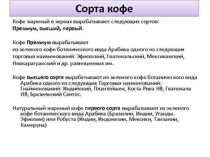 Сорта кофе Кофе жареный в зернах вырабатывают следующих сортов: Премиум, высший, первый. Кофе Премиум