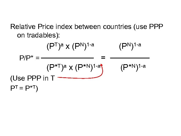 Relative Price index between countries (use PPP on tradables): (PT)a x (PN)1 -a =