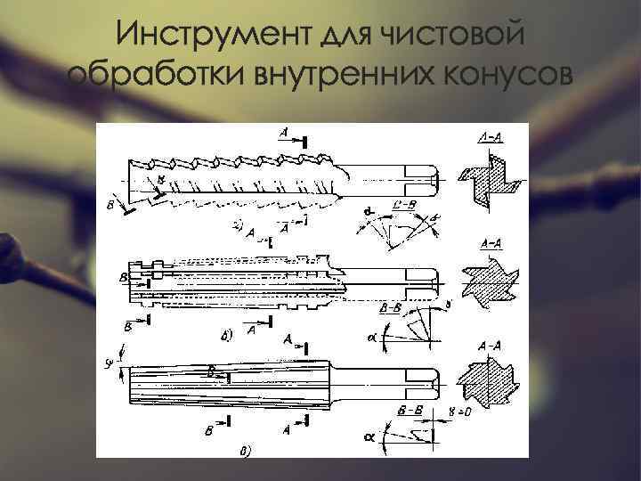 Инструмент для чистовой обработки внутренних конусов а - готовое (после чистового развертывания) отверстие с
