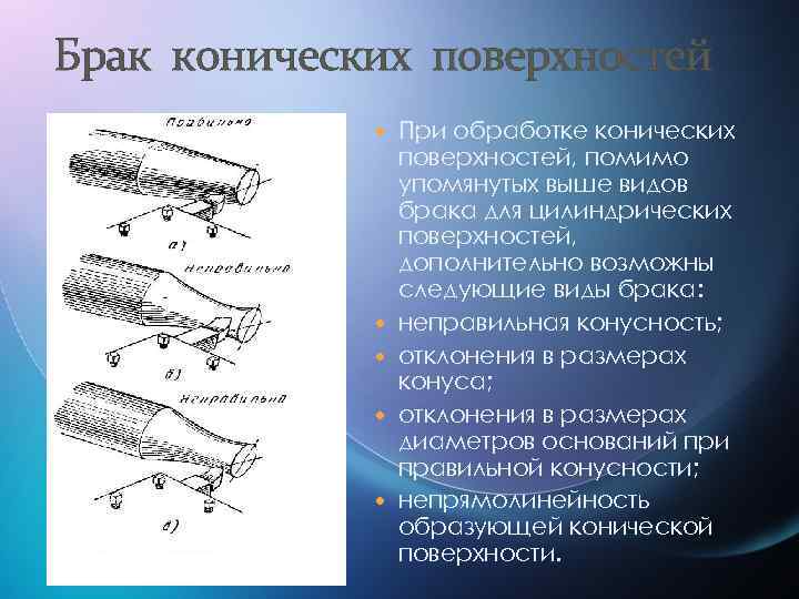 Имеет цилиндрическо коническую форму. Виды брака при конических поверхностей. Дефекты при обработке наружных цилиндрических поверхностей. Виды брака при обработке цилиндрических поверхностей. Виды брака при обтачивании наружных цилиндрических поверхностей.