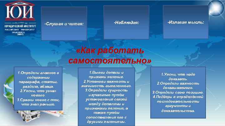  Слушая и читая: Наблюдая: Излагая мысль: «Как работать самостоятельно» 1. Определи главное в