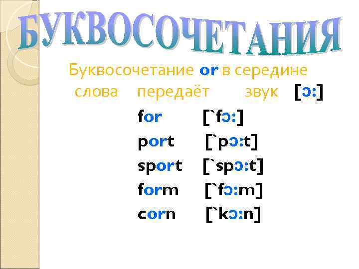 Буквосочетание or в середине слова передаёт звук [ɔ: ] for [`fɔ: ] port [`pɔ: