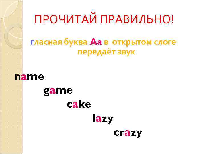 ПРОЧИТАЙ ПРАВИЛЬНО! гласная буква Aa в открытом слоге передаёт звук name game cake lazy
