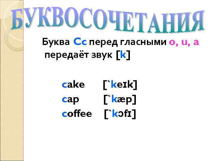 Буква Cc перед гласными o, u, a передаёт звук [k] cake [`keɪk] cap [`kæp]