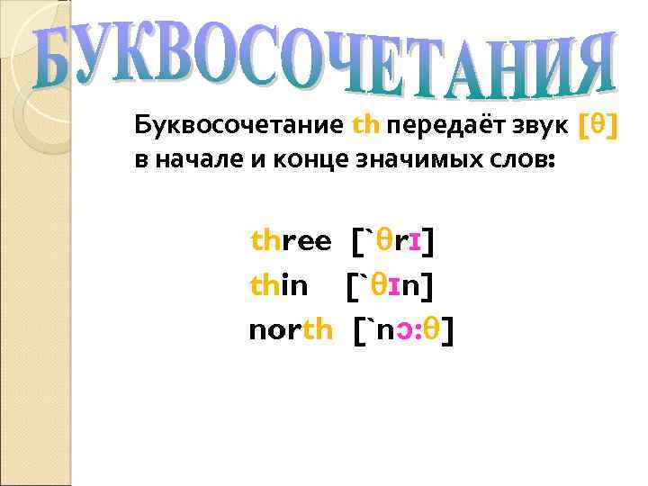 Буквосочетание th передаёт звук [θ] в начале и конце значимых слов: three [`θrɪ] thin