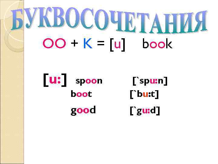OO + K = [u] [u: ] book spoon boot [`spu: n] [`bu: t]
