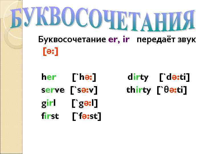 Буквосочетание er, ir передаёт звук [ə: ] her serve girl first [`hə: ] [`sə: