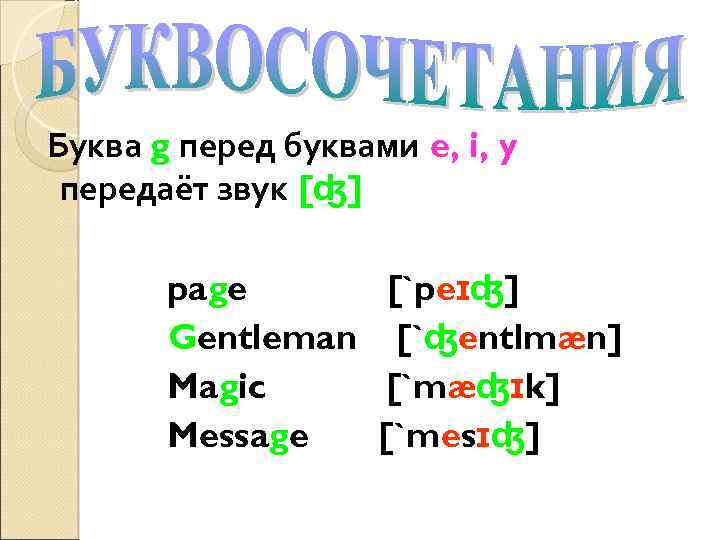 Буква g перед буквами e, i, y передаёт звук [ʤ] page [`peɪʤ] Gentleman [`ʤentlmæn]