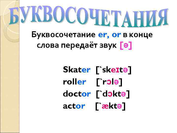 Буквосочетание er, or в конце слова передаёт звук [ə] Skater roller doctor actor [`skeɪtə]