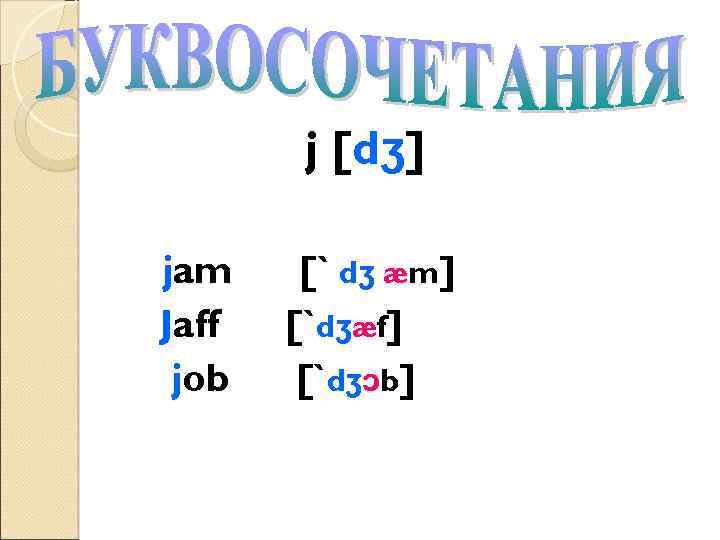 j [dʒ] jam Jaff job [` dʒ æm] [`dʒæf] [`dʒɔb] 