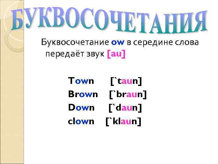Буквосочетание ow в середине слова передаёт звук [au] Town [`taun] Brown [`braun] Down [`daun]