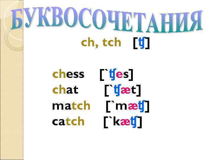 ch, tch [ʧ] chess [`ʧes] chat [`ʧæt] match [`mæʧ] catch [`kæʧ] 