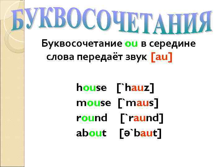 Буквосочетание ou в середине слова передаёт звук [au] house mouse round about [`hauz] [`maus]