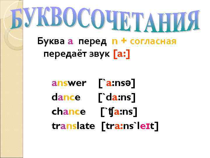 Буква a перед n + согласная передаёт звук [a: ] answer [`a: nsə] dance
