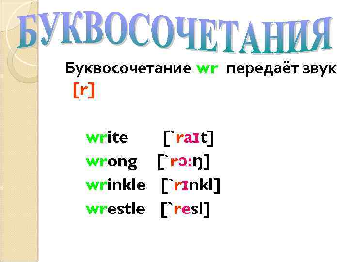 Буквосочетание wr передаёт звук [r] write wrong wrinkle wrestle [`raɪt] [`rɔ: ŋ] [`rɪnkl] [`resl]