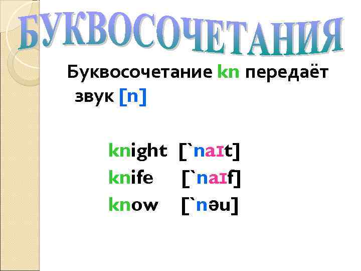 Буквосочетание kn передаёт звук [n] knight [`naɪt] knife [`naɪf] know [`nəu] 