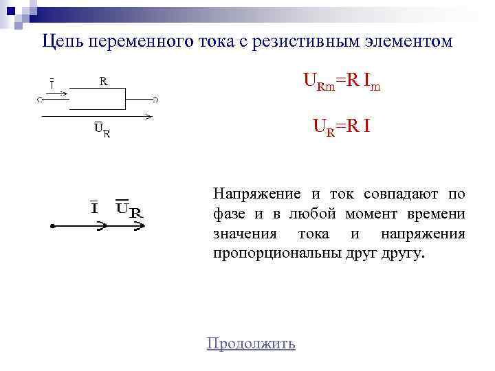 Цепь переменного тока с резистивным элементом URm=R Im UR=R I Напряжение и ток совпадают