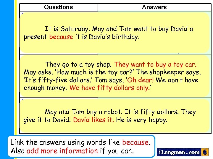 Questions Answers Beginning Saturday When does the story take place? It is Saturday. May