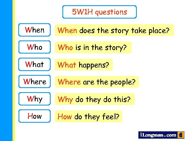 5 W 1 H questions When does the story take place? Who is in