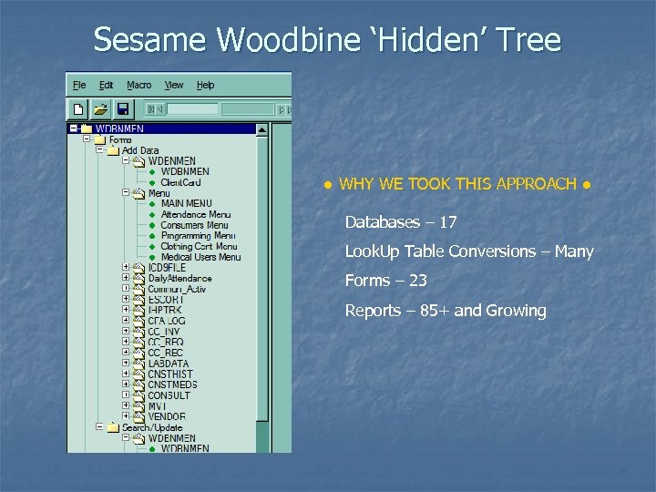 Sesame Woodbine ‘Hidden’ Tree ● WHY WE TOOK THIS APPROACH ● Databases – 17