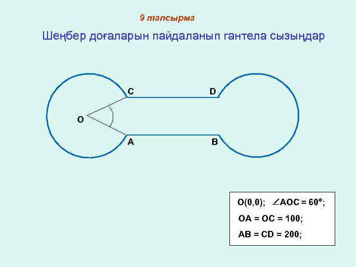 9 тапсырма Шеңбер доғаларын пайдаланып гантела сызыңдар C D A B O O(0, 0);