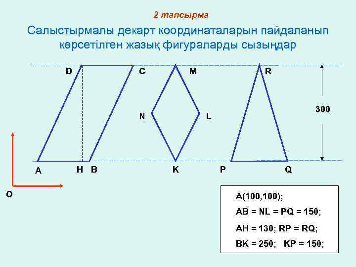 2 тапсырма Салыстырмалы декарт координаталарын пайдаланып көрсетілген жазық фигураларды сызыңдар D C M N